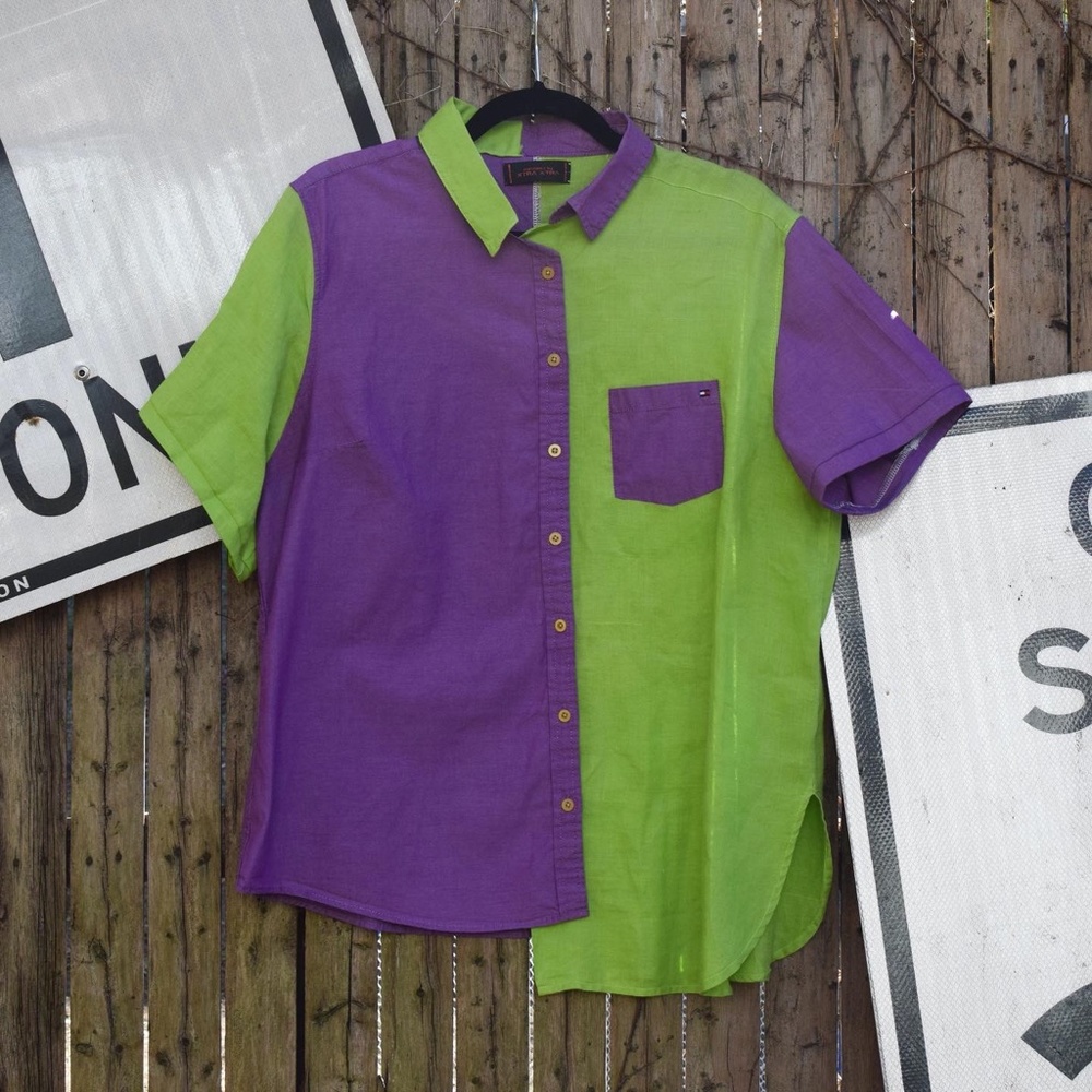 Asymmetrical Split Color Button Down Shirt